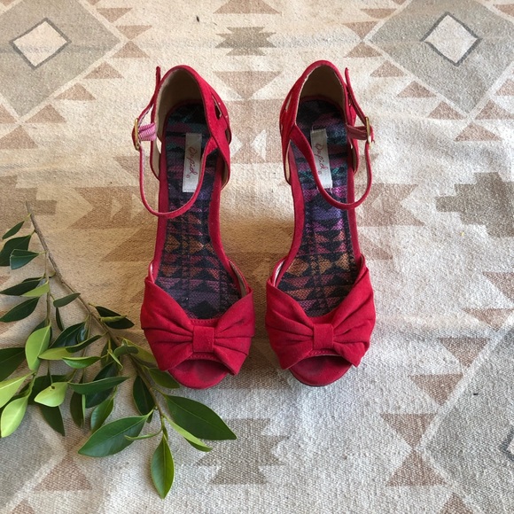 Qupid Shoes Qupid Red Ankle Strap Peep Toe Platform Wedge Heels